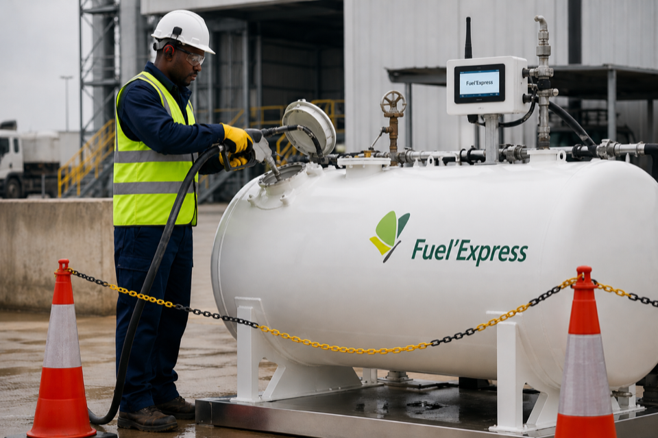 Technicien Fuel'Express en équipement de sécurité ravitaillant un réservoir intelligent